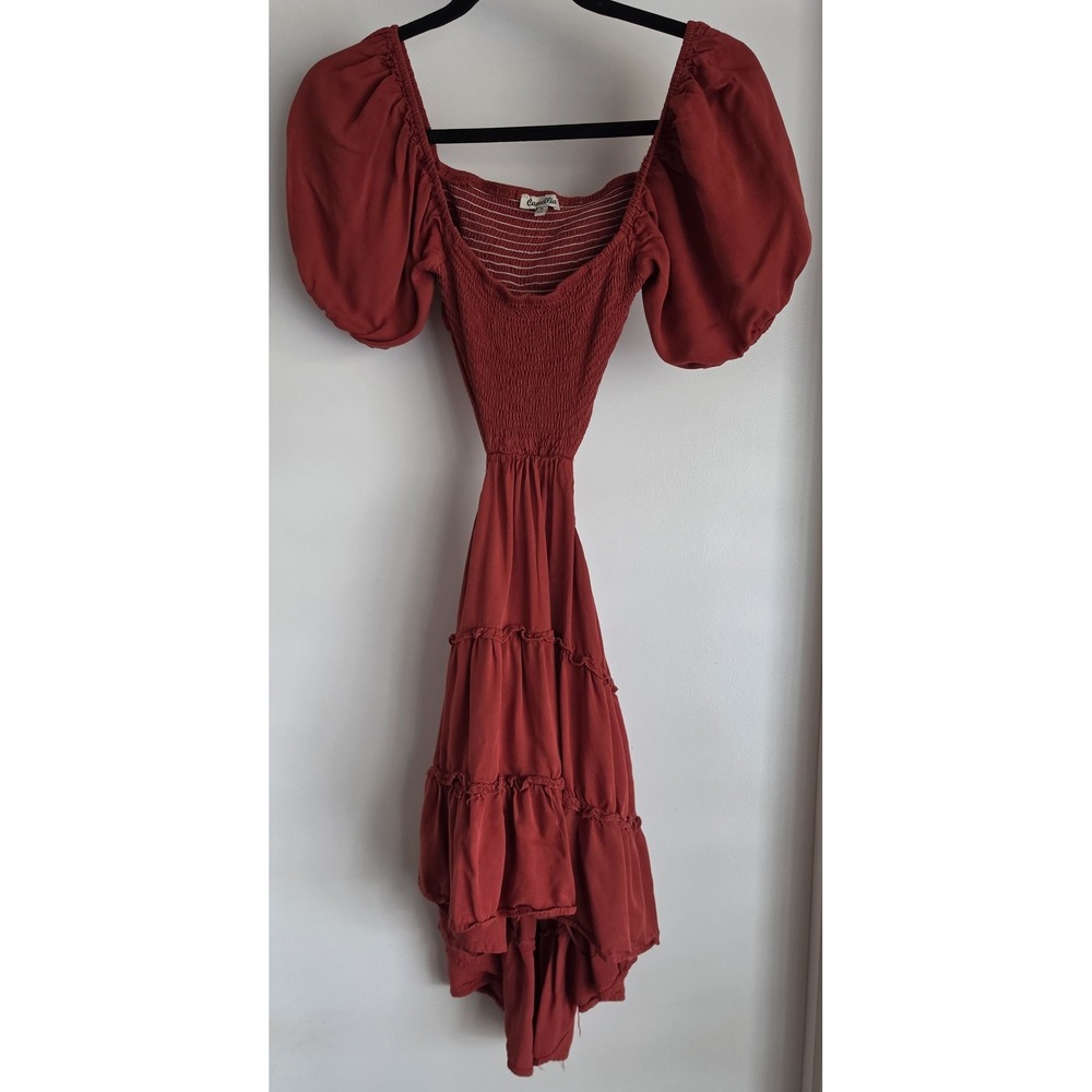 Camellia Women's Medium Rust Terracotta Tiered Midi Dress - Smocked Bodice